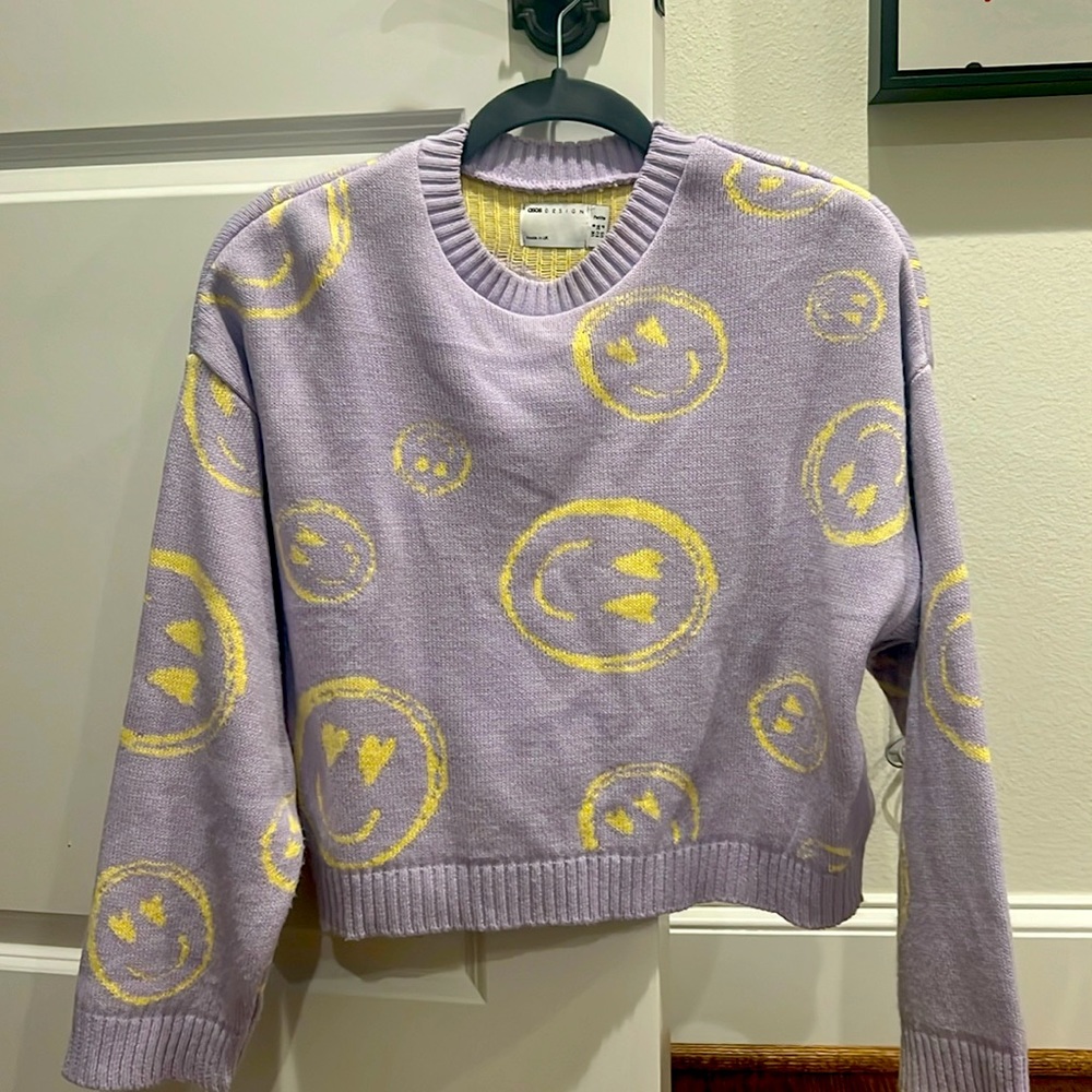 ASOS purple and yellow happy face sweater.  Petite size 4